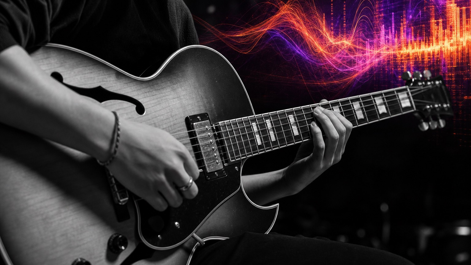 A musician playing a hollow-body jazz guitar with a colorful soundwave flowing from it